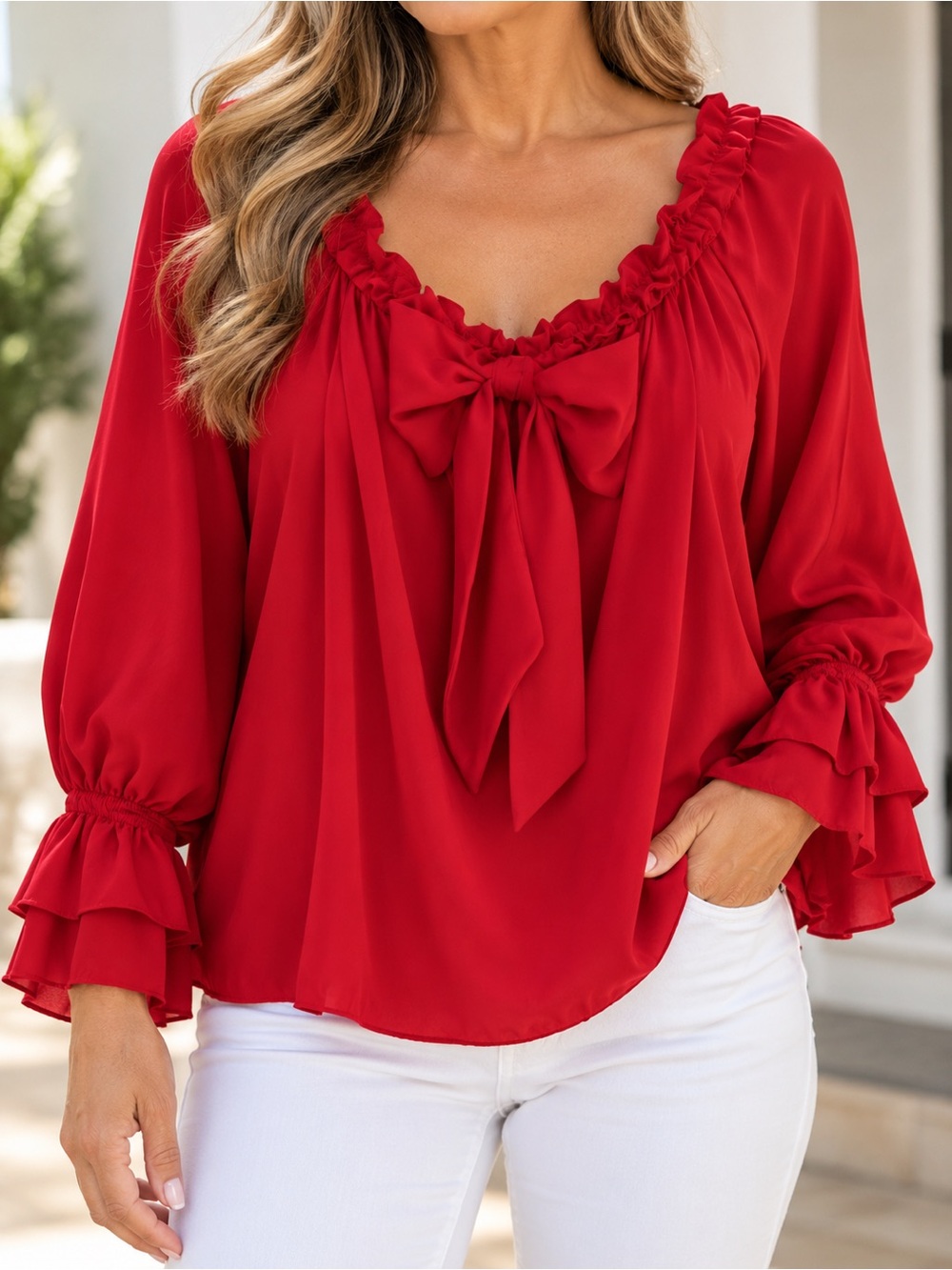 Red Ruffle Tie-Neck Women's Blouse